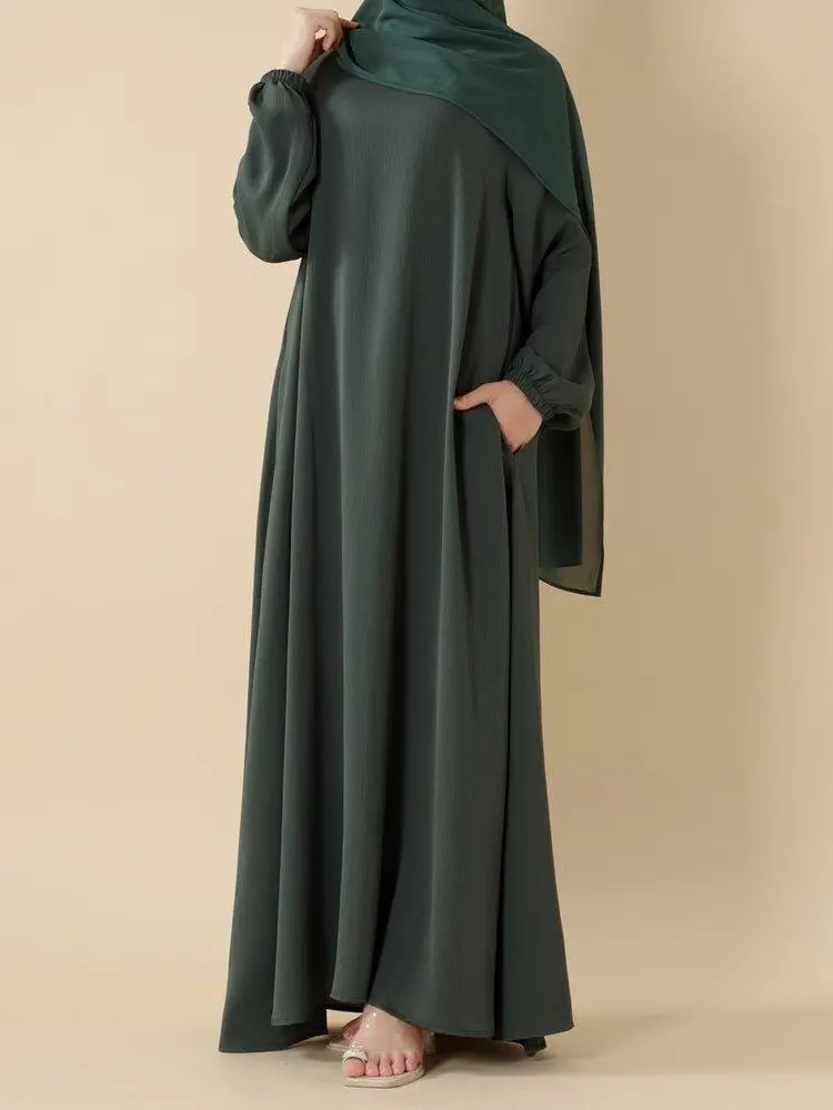 Women's Islamic Abaya Dress - Breathable Umbrella-Cut Modest Muslim Outfits, Lightweight Textured Nida Zoom Fabric Casual Abaya with Pockets, Wudhu-Friendly Elastic Sleeves, Wrinkle-Free Drape, Size S