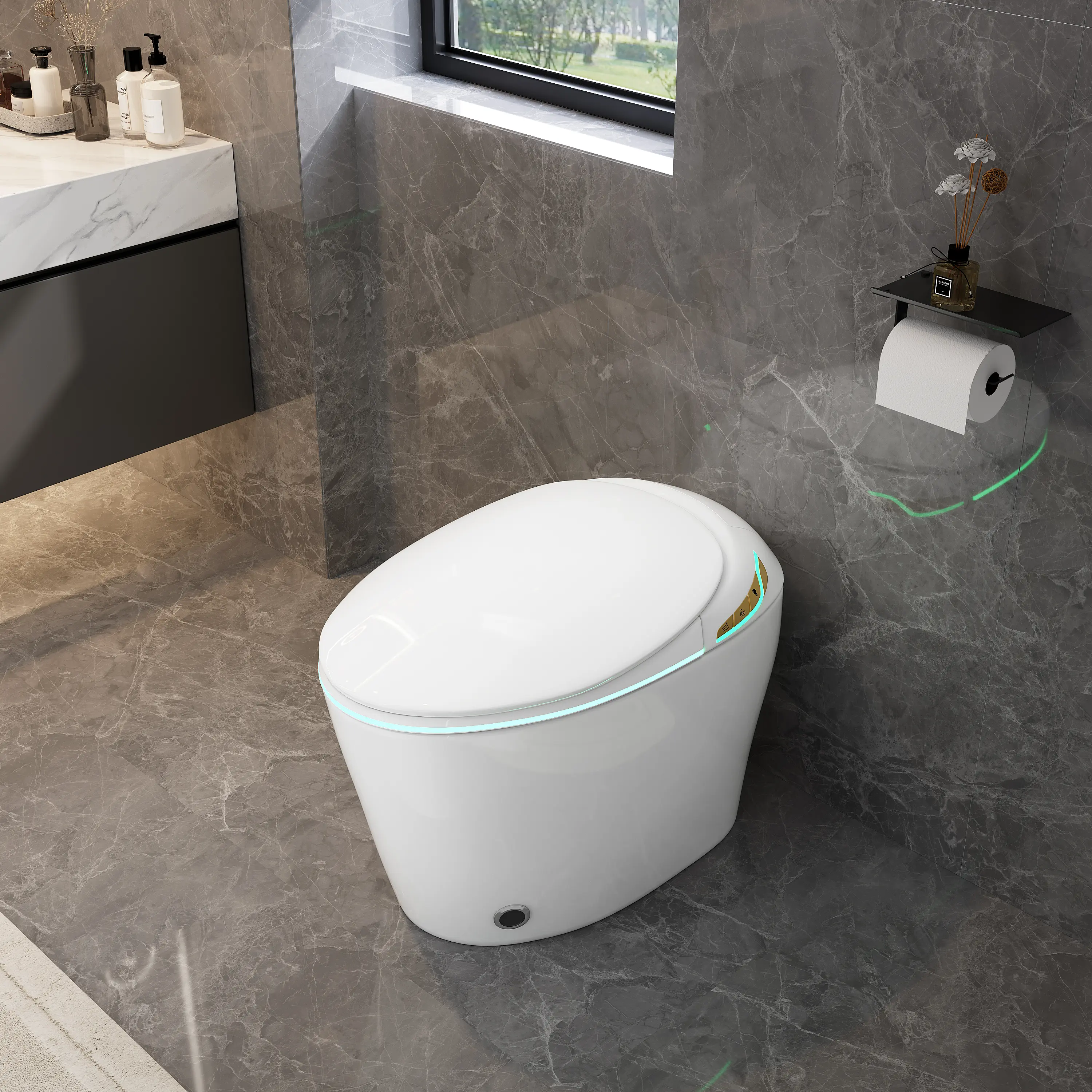 One Piece Smart Bidet Toilet with Auto Open/Close Seat - Siphonic Jet Flush, Instant Warm Water & Air Dryer, Heated Seat Night Light, Hands-Free Flush for Bathroom