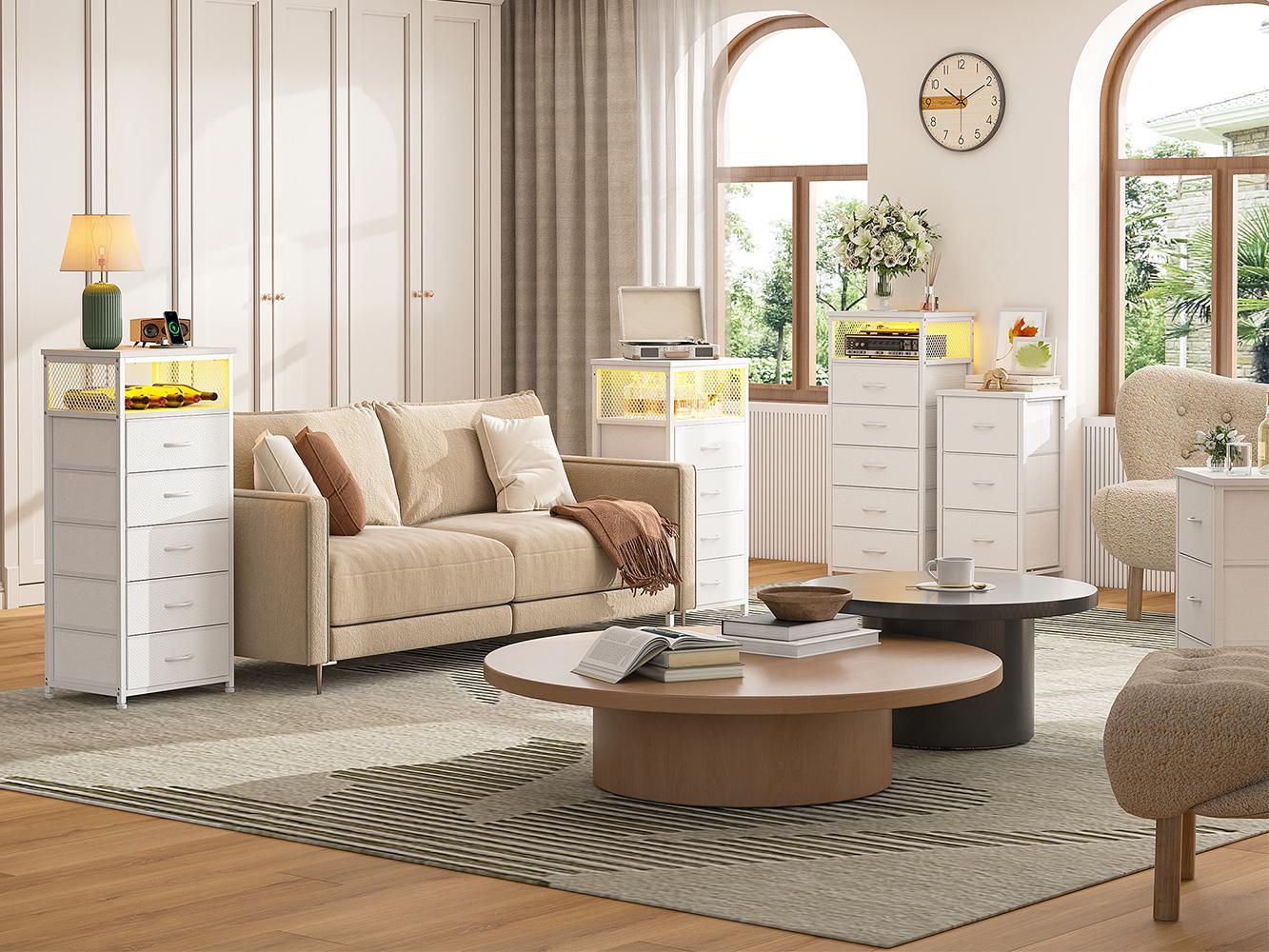 [with Free Gifts] Raybee LED Nightstand with Charging Station, Set of 1-2 Side Table with 5 Dresser Drawers, Tall LED Nightstands with USB Ports & Outlets, White End Table with Side Bag & Storage Shelf, Bedroom Furniture, Cabinet