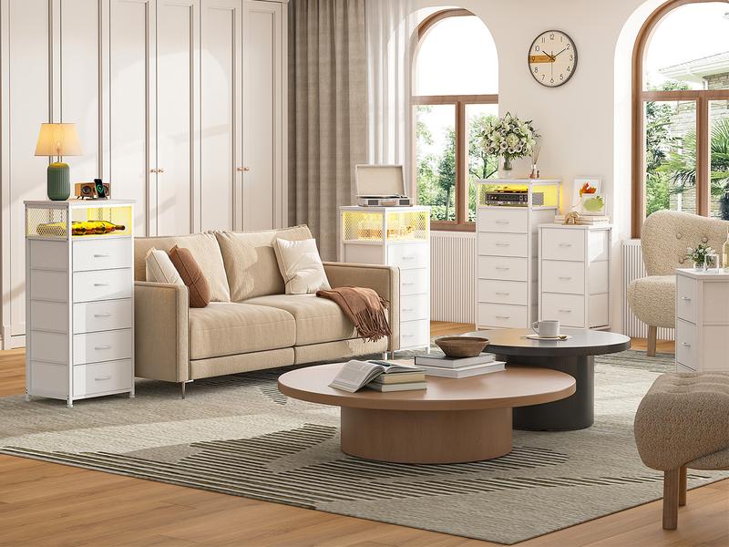 [with Free Gifts] Raybee LED Nightstand with Charging Station, Set of 1-2 Side Table with 5 Dresser Drawers, Tall LED Nightstands with USB Ports & Outlets, White End Table with Side Bag & Storage Shelf, Bedroom Furniture, Cabinet