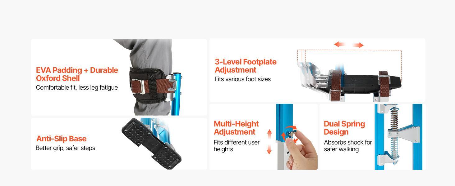 【SummerFinds】VEVOR Drywall Stilts for Painters & Cleaning, Aluminum Sturdy Structure, 24.2-40.3 in Adjustable Height, 228 lbs Load Capacity, Non-Slip Rubber Feet, Dual Spring Shock Absorption, Comfortable Leg Straps, 3-Level Heel Brackets, Blue