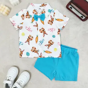 Ready Stock 6m-3y Toddler Boys' Easter Outfit Set Bunny & Carrot Print Short Sleeve Shirt with Bow Tie & Shorts 12412154