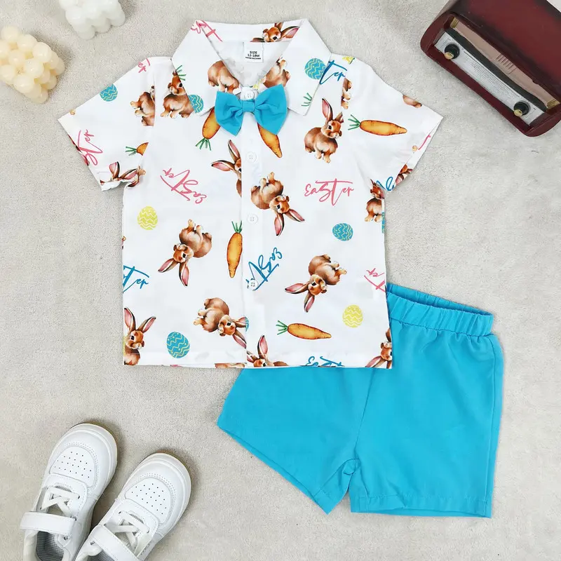 Ready Stock 6m-3y Toddler Boys' Easter Outfit Set Bunny & Carrot Print Short Sleeve Shirt with Bow Tie & Shorts 12412154