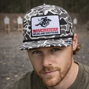 Winchester Camo Rope Hat Embroidered Patch Trucker Cap, Hunting Shooting Range Baseball Hat Adjustable, Outdoor Tactical Camouflage Cap