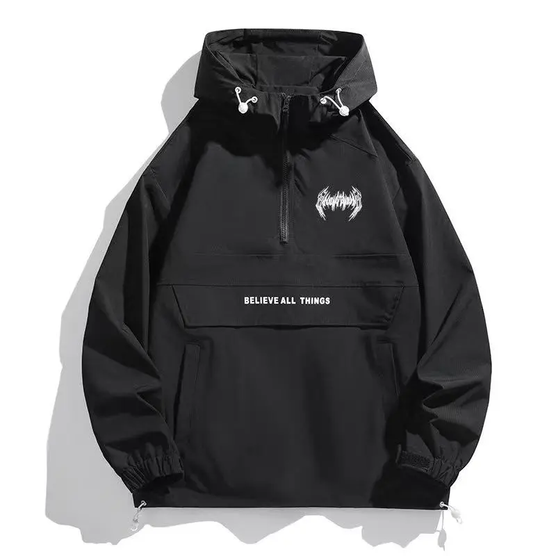 Men's Gorpcore Windbreaker Jacket, Long Sleeve Letter Print Polyester Pullover with Half-Zip Hood for Outdoors Hiking, Menswear, Loose, Hiking / Light Outdoor, Windproof, Baggy wind resistant