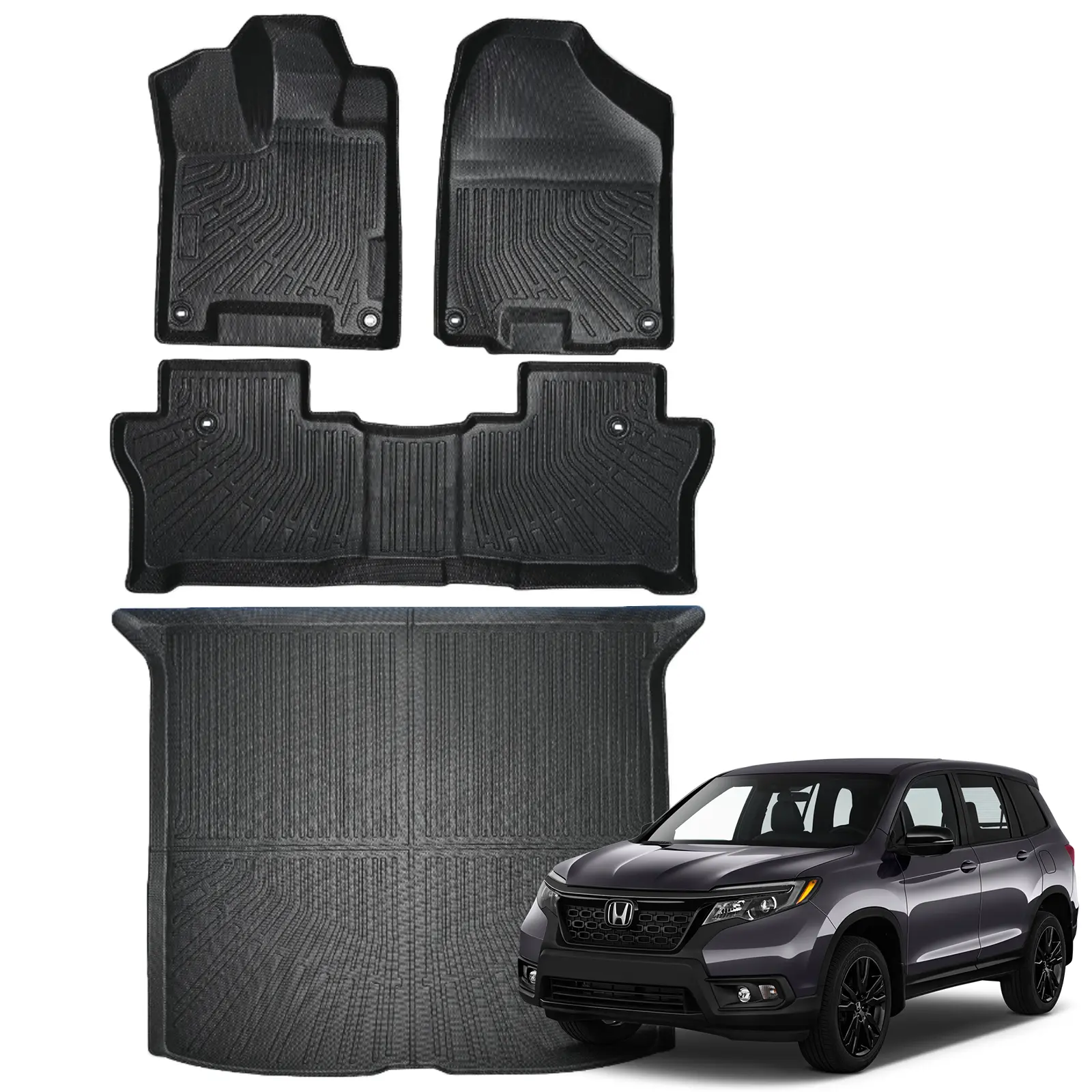 Canvcle 2-Row Floor Cover & Cargo Liner Car Interior Kit, TPE All-Weather Black Anti-Slip Fit for Honda Passport 2019-2025, Snug-Fitting Trunk Accessory That Traps Sand & Mud