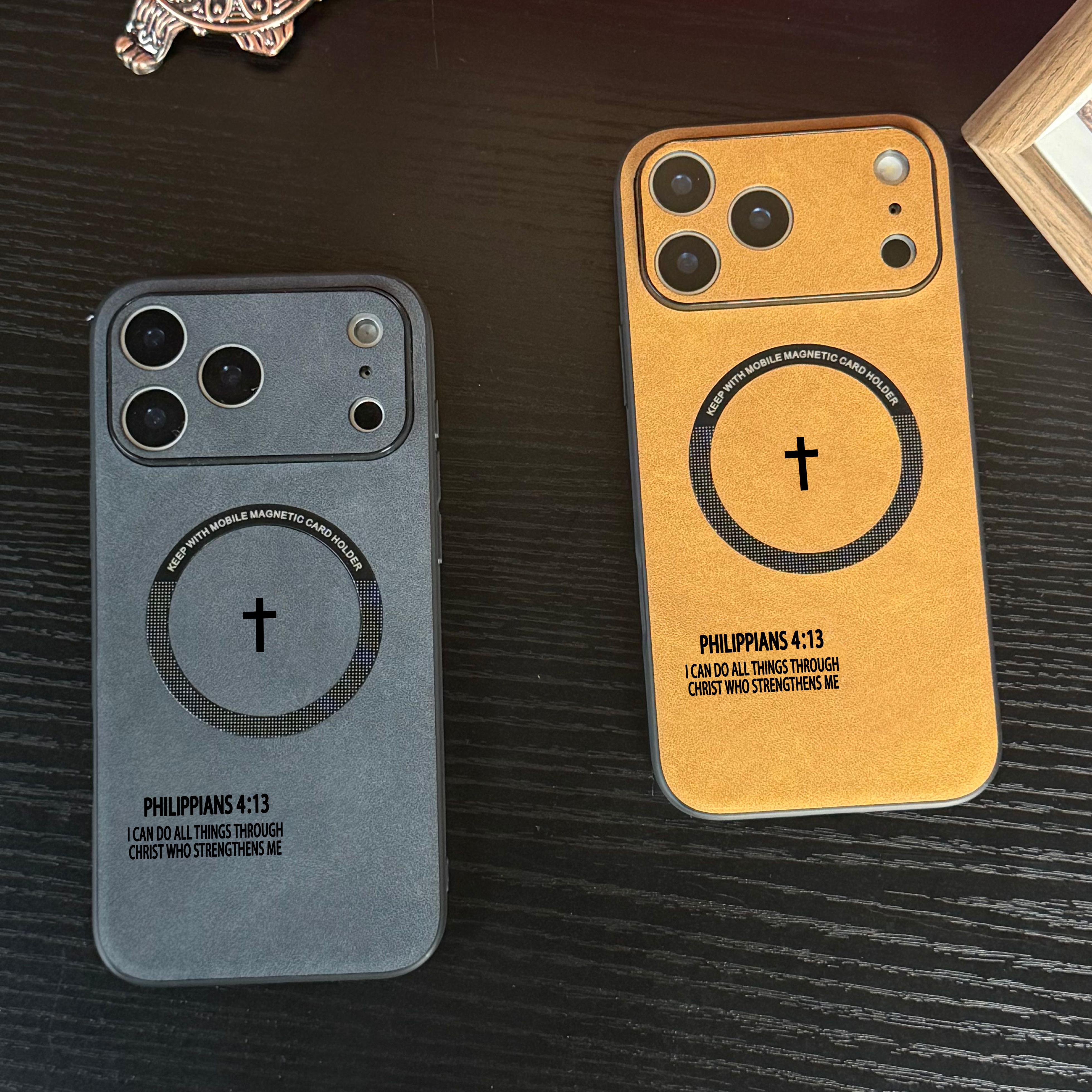 Philippians 4:13 High end leather magnetic phone case suitable for iPhone 17 Air 16 15 14 13 12 Pro Max Plus, supports magsafe charging, feels comfortable to the touch, fully wrapped anti drop and anti slip phone case-ZQ60