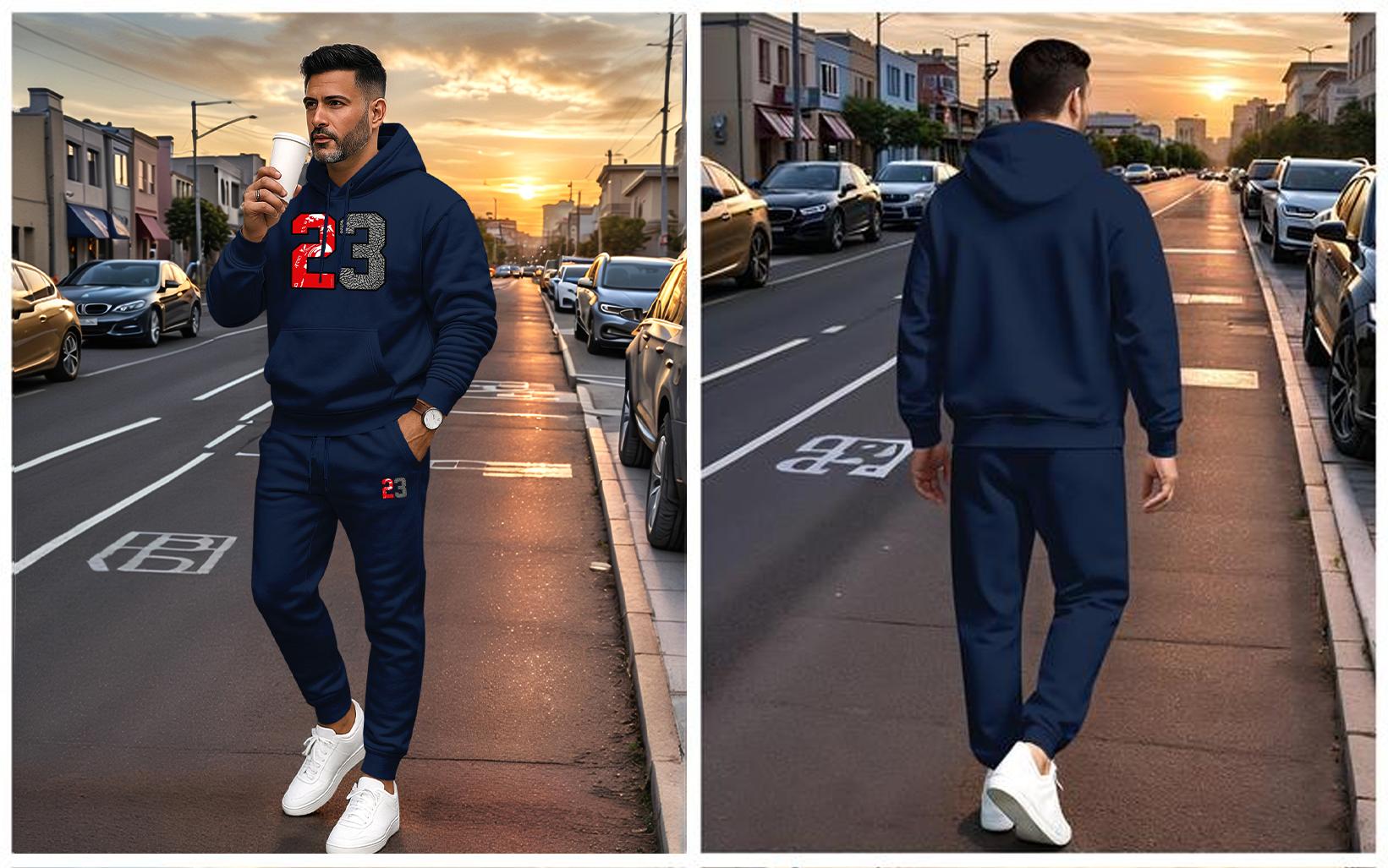 Men's Retro Basketball 23 Patterned Hoodie And Drawstring Track Pants Set, Men's Casual Athletic Long-Sleeved Hooded Jacket And Pants, Suitable For Fall And Winter, Street Style Hoodie Set, Everyday Wear, Indoor And Outdoor Sportswear