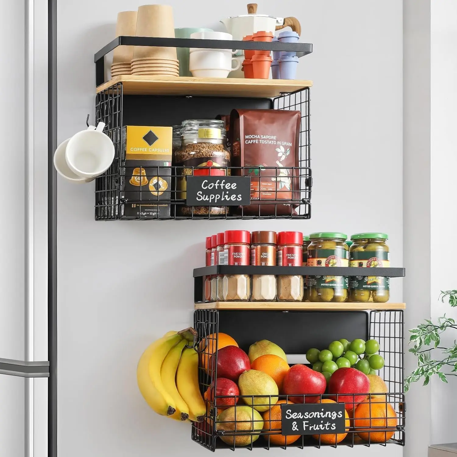 2 SET Strong Magnetic Shelf Basket for Fridge with Tag & Bamboo Top, XXL Large Magnetic Spice Rack Shelves for Side of Refrigerator, Kitchen Pantry Storage Organizer for Food Fruit Veg