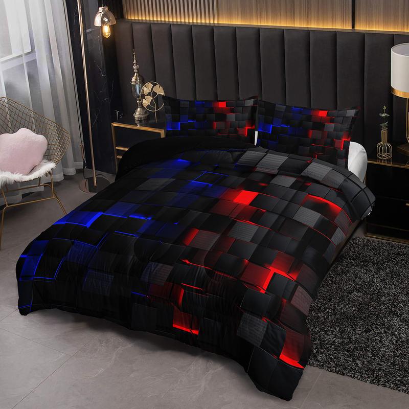 3pcs Red Black Grid Quilt Virtual Space Bedding Set for Adults Bedroom Decor,  futuristic tech vibe Quilt Set Comforter with 2 Pillow Shams Gifts for the Family