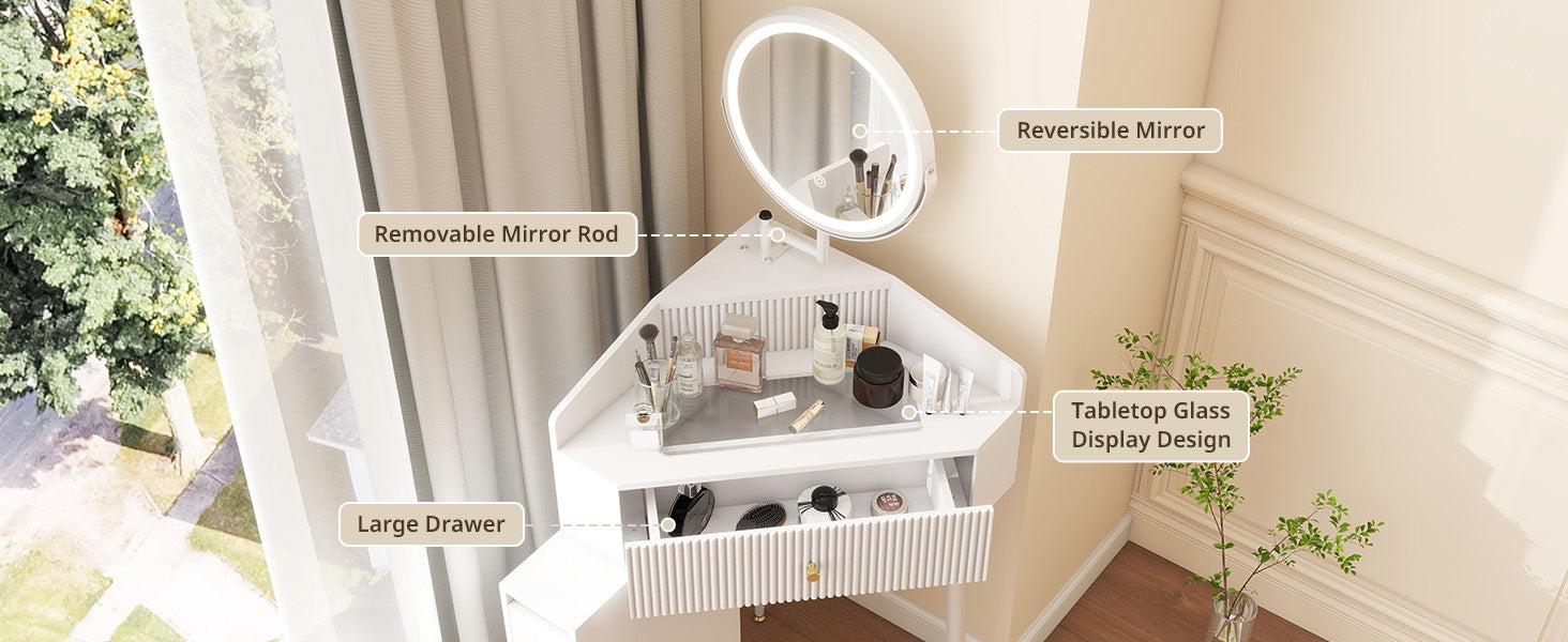 Corner Makeup Vanity Desk with Retractable and Rotating Mirror and Lights Small Modern White Makeup Vanity Set with Glass Top for Women Compact Girls Dressing Table with Drawer for Small Space MVD8004 Corner Makeup Vanity Desk with Retractable and Rotating Mirror and Lights Small Modern White Makeup Vanity Set with Glass Top for Women Compact Girls Dressing Table with Drawer for Small Space MVD8004