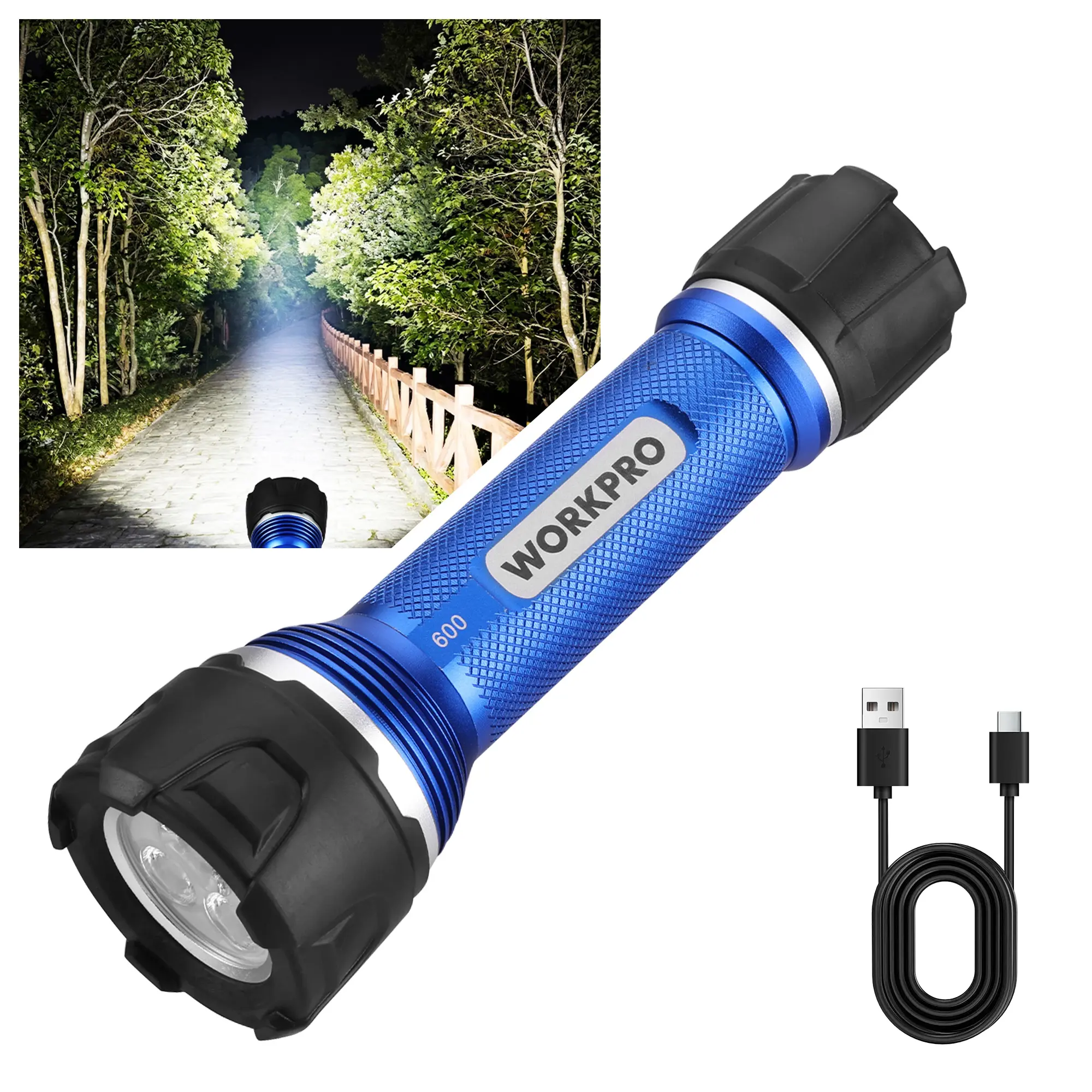 WORKPRO Rechargeable Flashlight High Lumens, IPX7 Aluminum Flash Light, Super Bright, 3 Light Modes, Waterproof, LED Handheld Compact Flashlight