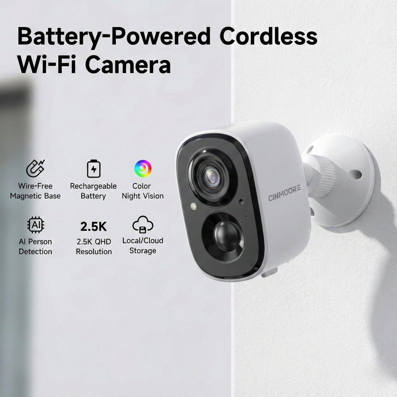 CINMOORE Wireless Smart Security Camera Indoor/Outdoor/Garage Camera, 2.5K QHD, Rechargeable Magnetic Installation, Color Night Vision, Free Local AI Motion/Person Detection Spotlight & Siren, 2-Way Audio Speaker, IP65 Weatherproof, App Remote Monitoring