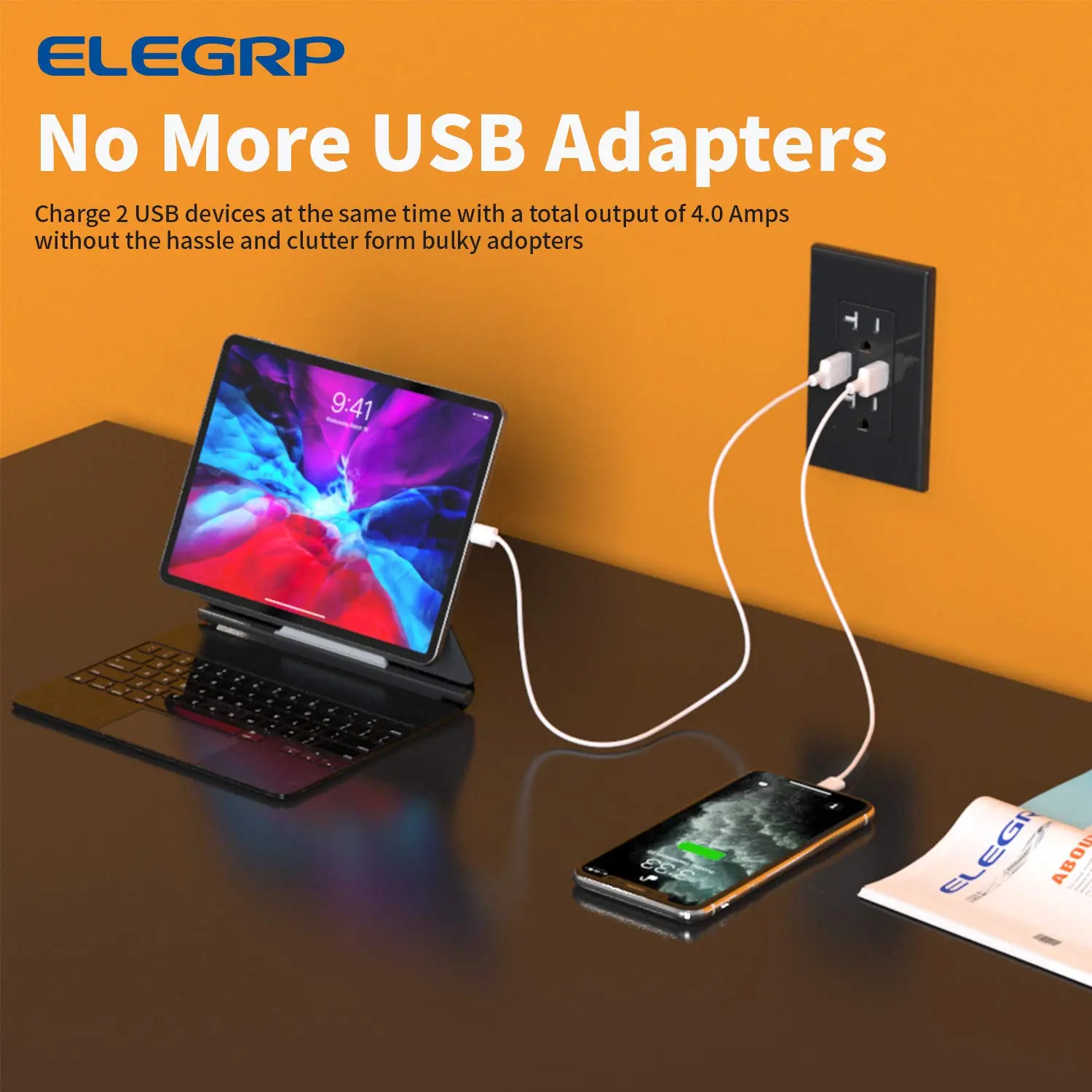 ELEGROUP 20 Amp USB Wall Outlet with Dual 4.0A Ports, Tamper Resistant, UL Listed, Glossy Black, High-Speed Charging, Easy Installation, Compatible with All USB Devices