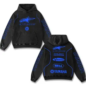 Retro Blue Yamaha x Alpinestars Racing Washed Hoodie MotoGP World Champion Enthusiast Apparel Streetwear Helmet Racing Team Super Motorsports Clothing Riders Motocross Off-Road Dirt Bike Fan Gear Cotton For Motor Fan