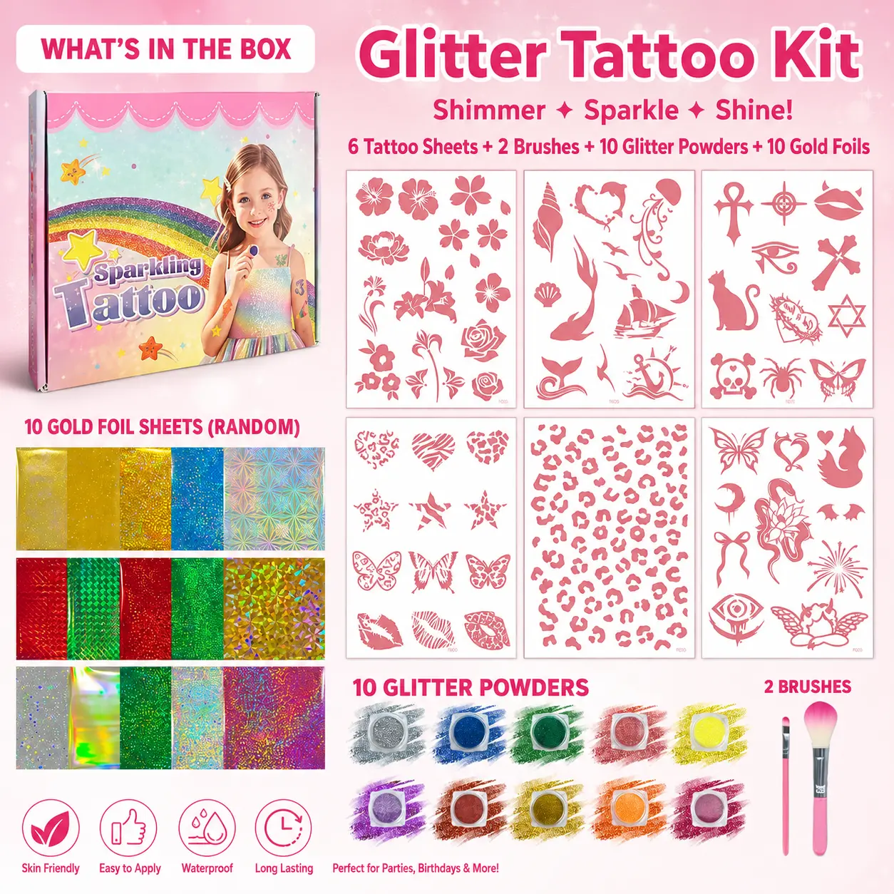 6 Sheets Temporary Glitter Tattoo Stickers, 60+ Unique Stencils, 10 Glitter Colors, 2 Brushes, Glitter Body Art Makeup Kit for Adults & Kids, Party, Festival & Beach Vacation Accessories, Summer Outfit Accessories, Back to School