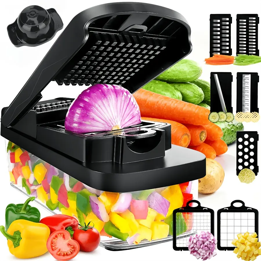 Black multifunctional kitchen vegetable chopper Home Potato Shredder Kitchen Gadget Onion Chopper with Interchangeable Blades 13-In-1 Vegetable Chopper Multifunctional Fruit Slicer Kitchen Tool