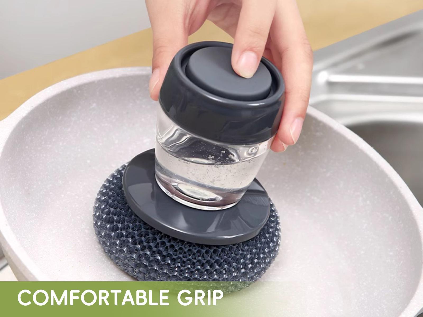 Automatic Soap Dispensing Dish Brush with Press Button – One-Hand Cleaning Scrubber for Frying Pans, Plates, Dishes and Small Bowls