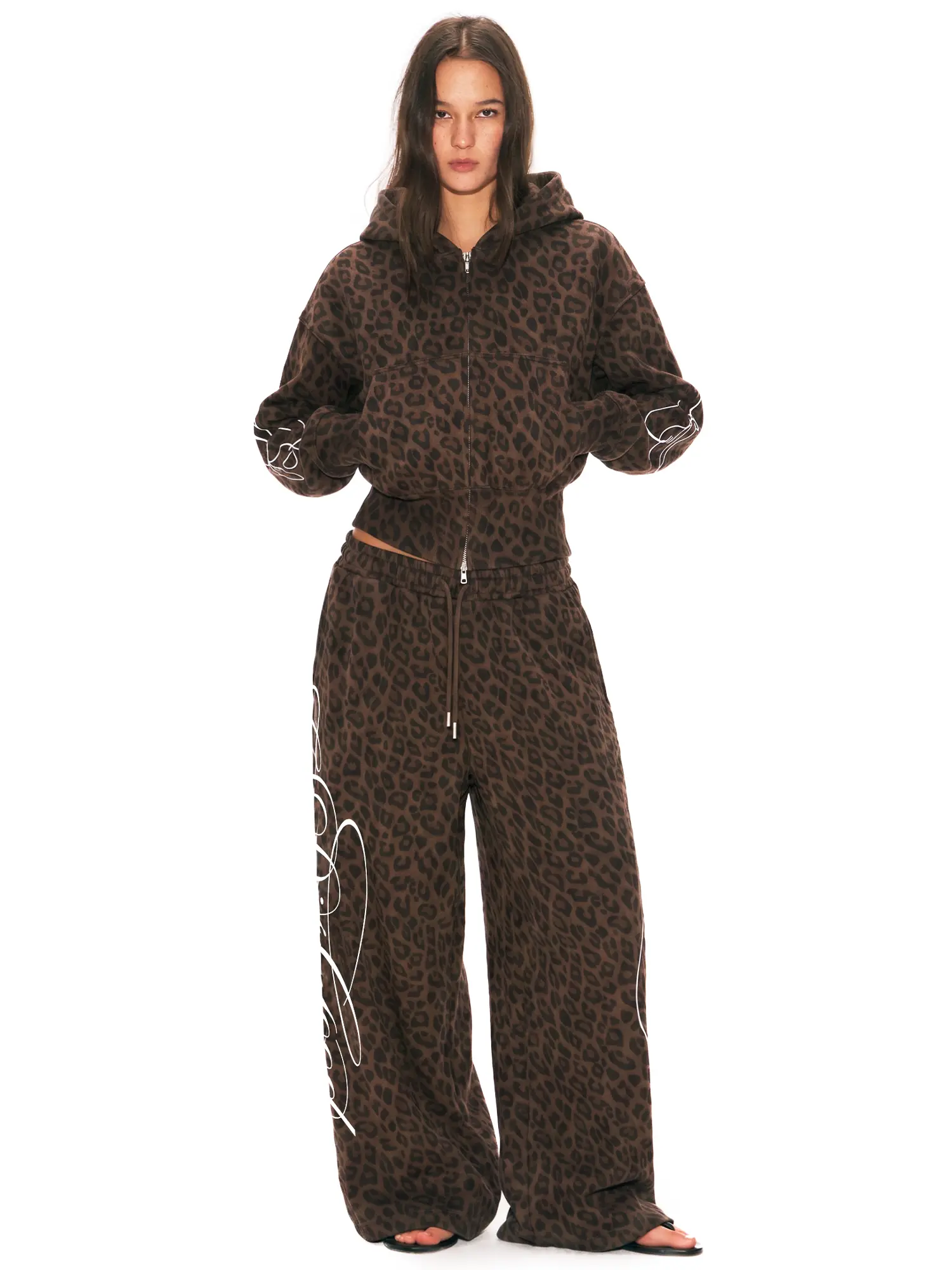 FDR Leopard Print Hoodie & Pants Set, Handwritten "God Is Good" Graphic Oversized Cropped Hoodie with Double Waist Wide Leg Pants, Vintage Y2K Streetwear Two-Piece Outfit for Casual Everyday Wear,clothes for back to school,first day of school outfits