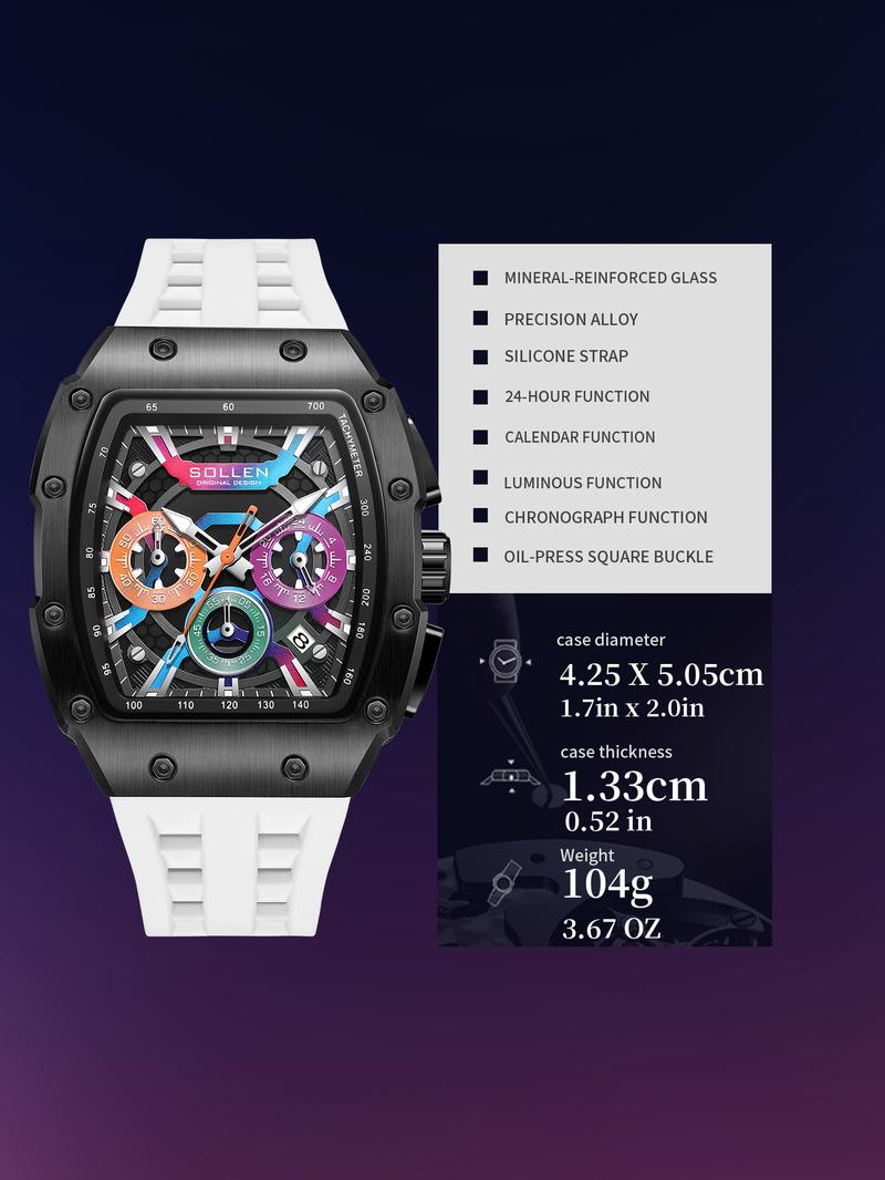 SOLLEN 728 Men's Rainbow Luxury Cool Watch Multi-functional Chronograph Waterproof Night Light Function Valentine's Day Gift