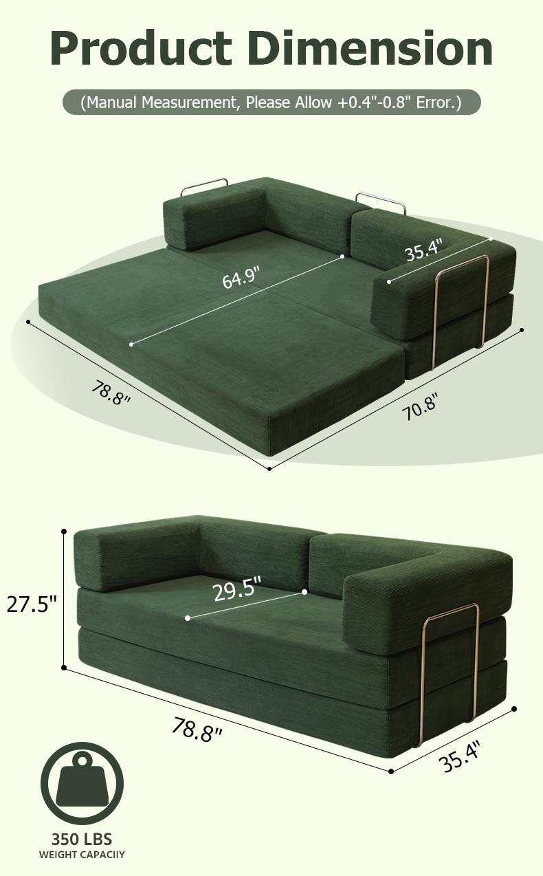 79" Convertible Sleeper Sofa Bed with Cylindrical Pillow Corduroy Folding Mattress Couch Fixed-Shape Frame Modular Compressible Living Room Sofa Set Vintage Suede Comfortable Lounge Chair Lazy Sofa Bean Bag Bedroom Sleeper Modern Cloud Loveseat