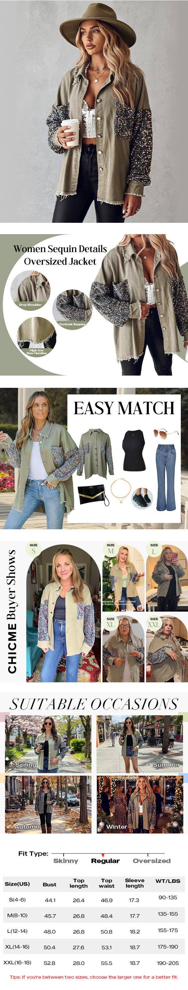 ChicMe Women‘s Casual Jacket Sequin Patchwork Long Sleeve Jacket Top Button Front Raw Hem Oversized Denim Shacket