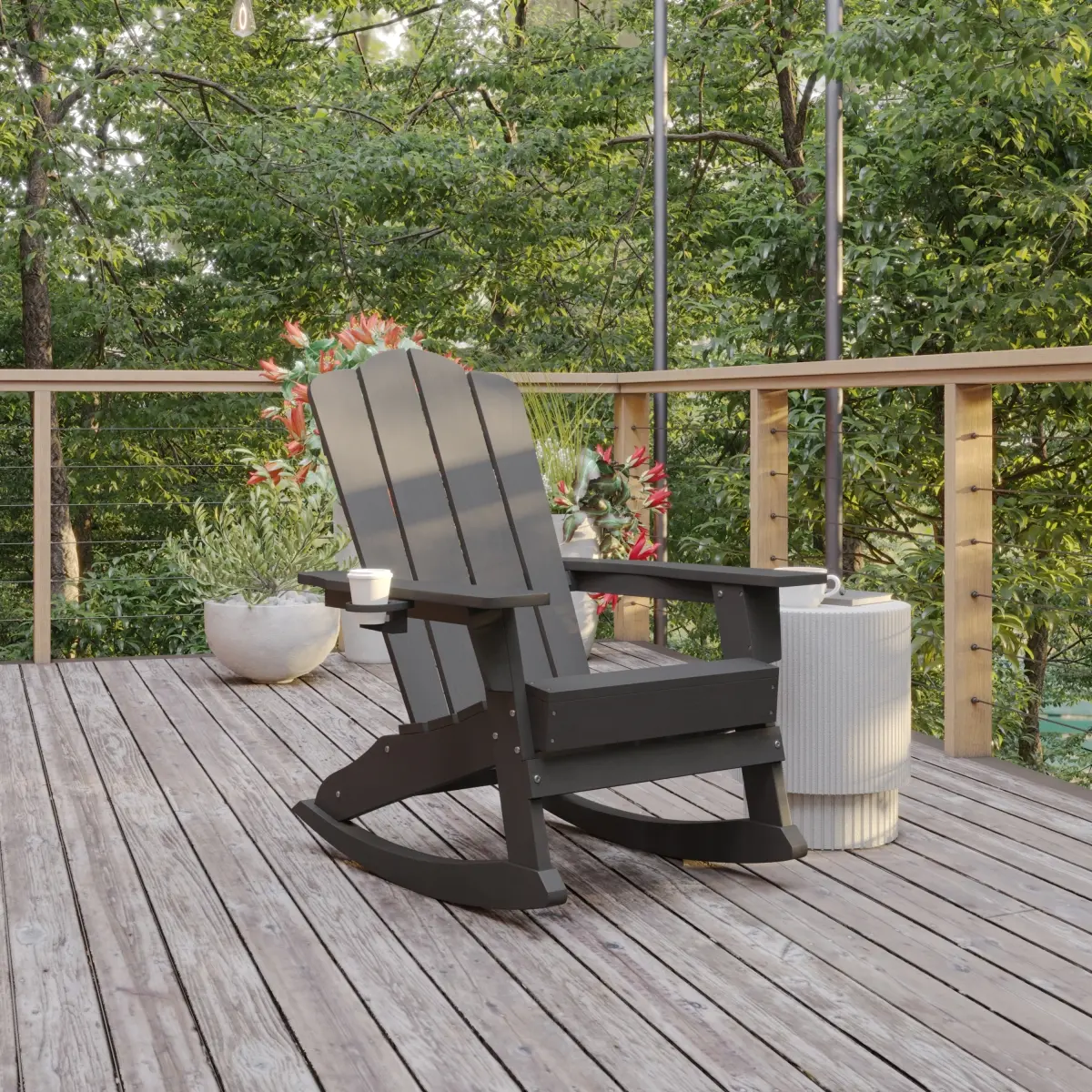 Flash Furniture LE-HMP-1044-31-GY-GG Newport Adirondack Rocking Chair with Cup Holder, Weather Resistant HDPE Adirondack Rocking Chair in Gray