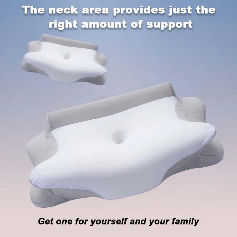 Double-sided contouring neck pillow: Made of memory foam material with cooling function, it offers excellent support. This pillow features a divided dual-height design, making it suitable for people who sleep on their sides, backs, or stomachs.
