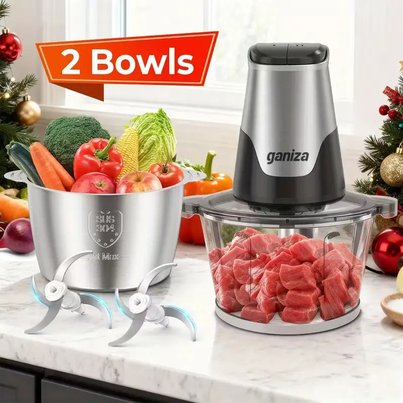 Ganiza Food Processor - 8-Cup Glass Bowl, 8-Cup Stainless Steel 2-Speed Chopper Grinder, Upgraded Button, Smart Overheat Protection Light, Auto Stop, Chop Blend, US Plug, Clean Brush, 2 Blade Sets, Vegetable Slicer Cutter Kitchen Appliance, Kitchen Suppli
