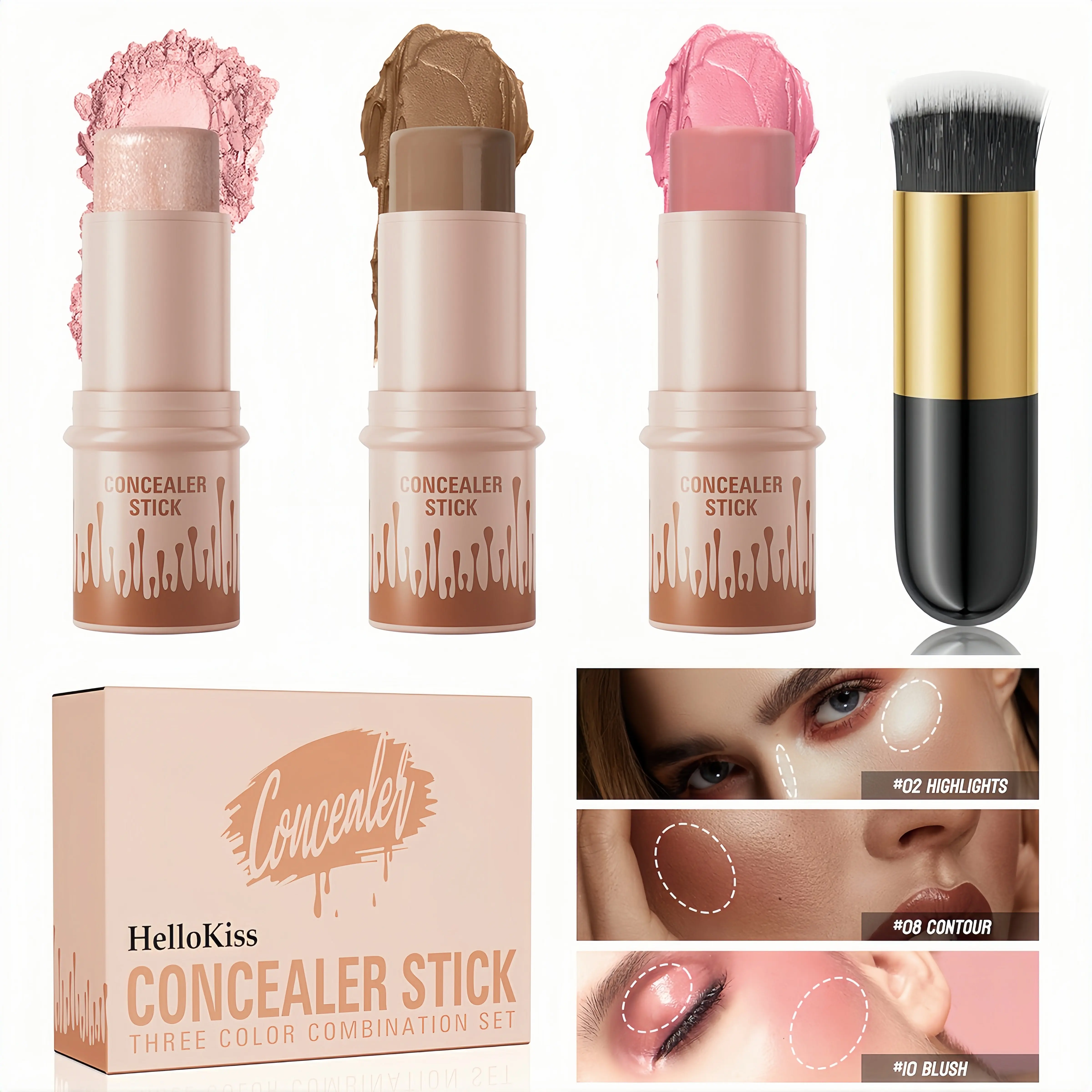 Adults' 3-Piece Dual-Ended Makeup Stick Set - Facial Color Correction, Cream Contour, Highlighter, Blush with Blending Brush, Alcohol-Free Solid Beautycosmetics, Everyday Versatile Makeup, Glow-Enhancing, For All Skin Types, Easy Fit, B Set Products