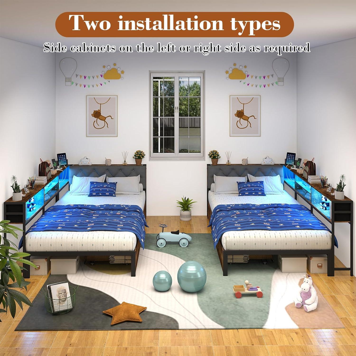 CollaredEagle Twin XL Corner Bed Frame with Storage Bookcase, Kids Bed Unit with Charging Station and LED Light, Twin Size Platform Beds with Storage and Charging Station, with 2 Underneath Drawers
