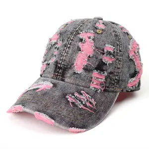 CoolCatHat Vintage Distressed Denim Baseball Cap Y2K Grunge Frayed Trucker Hat Purple Peekaboo Unisex Streetwear Sunshade