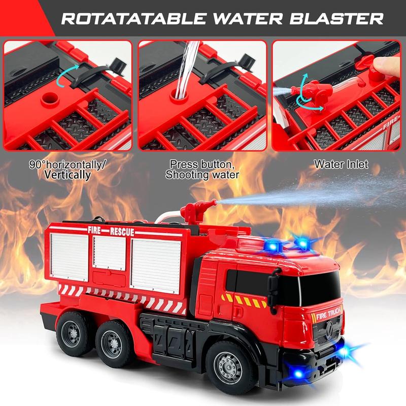 Remote Control Fire Truck with LED Sounds, RC Car Toy with 3pcs Small Firetrucks and 10pcs Roadblock Models, One Button Press Spraying Water Transformer Fire Truck for Kids Toddlers Boys