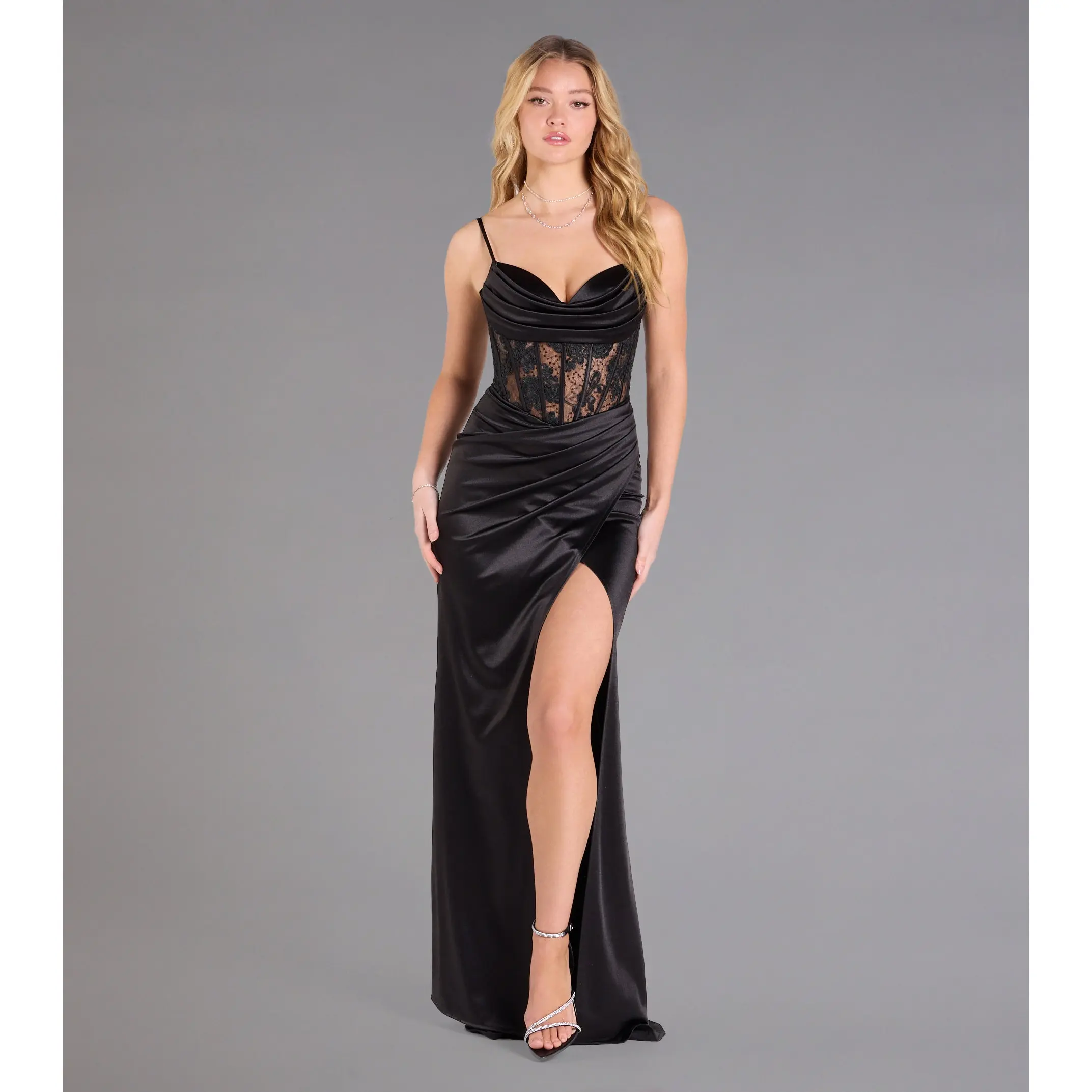 Idra Lace Corset Satin Wrap Formal Dress