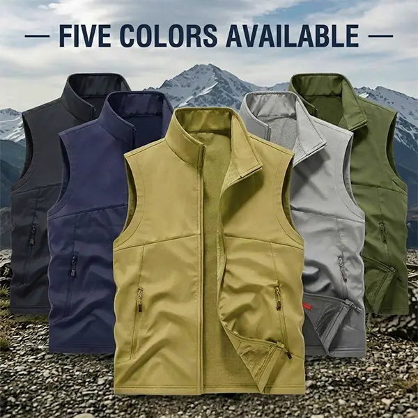 Men’s softshell lightweight vest — windproof, breathable sleeveless jacket; single pack / available in 5 colors; includes secure zippered pockets; suitable for outdoor activities, commuting, and hiking.