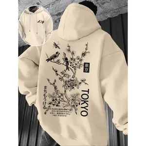 Men's Casual Hoodie with Tokyo Bird Print, Soft Polyester Fabric, Loose Fit, Perfect for Fall & Winter Outdoor Wear