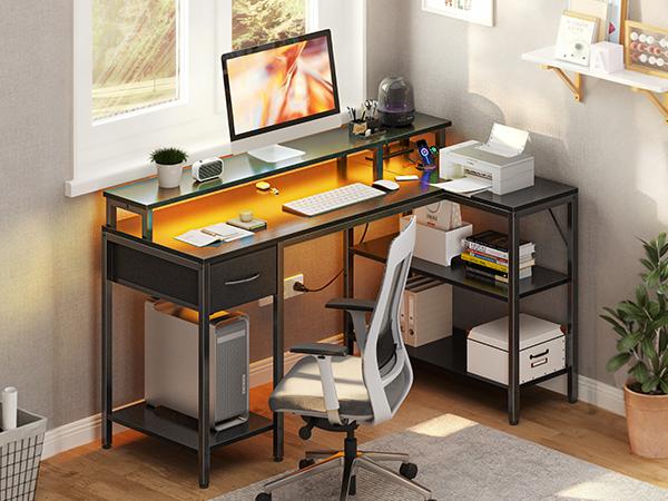 53” Gaming Desk with USB Charging Ports & LED Lights, Reversible L Shaped Desks Computer Corner Gamer Table with Power Outlets Monitor Stand Storage Shelves for Home Office Small Space, Black