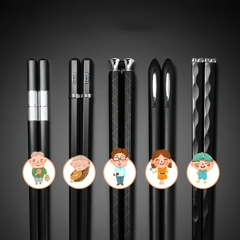 9.5 In Japanese Style Black Non-Slip Food Grade Alloy Metal Straight Chopsticks, Reusable Modern Kitchen Cutlery Tableware for Home Use