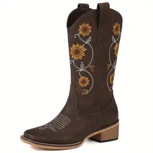 Women's Mid-Calf Western Cowboy Boots with Sunflower Embroidery, Square Toe Pull-On Design, Brown Faux Cover Retro Country Style Boots for Concerts, Idyllic Outings & Casual Wear, Outdoor Adventure Boots |   Retro Cowboy Boots |   Rubber Sole Boots