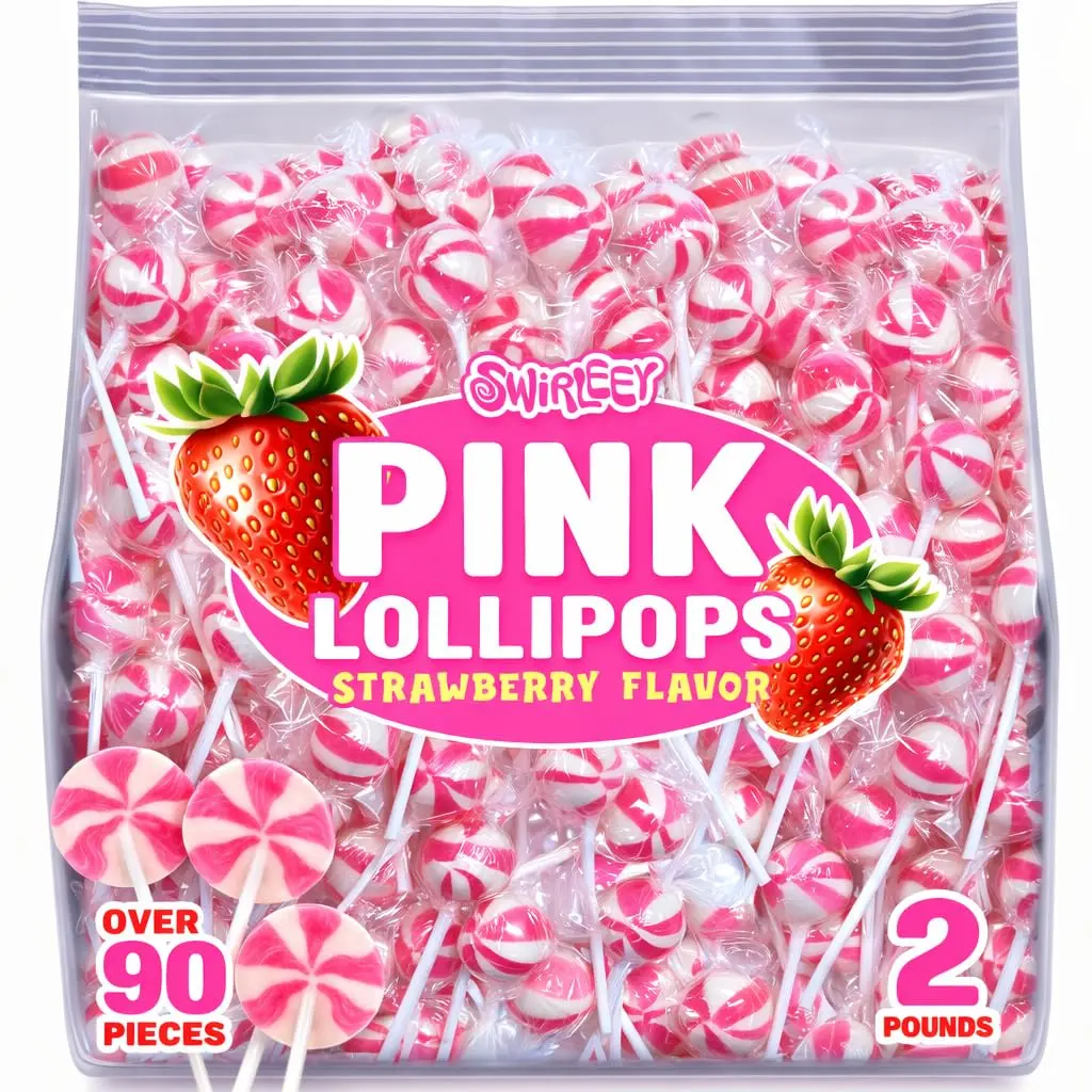 Swirleey Pink Strawberry Lollipops - 2 lbs - Approx. 90 Pcs - Bulk Lollipop Candy, Baby Shower, Classroom Theme Parties