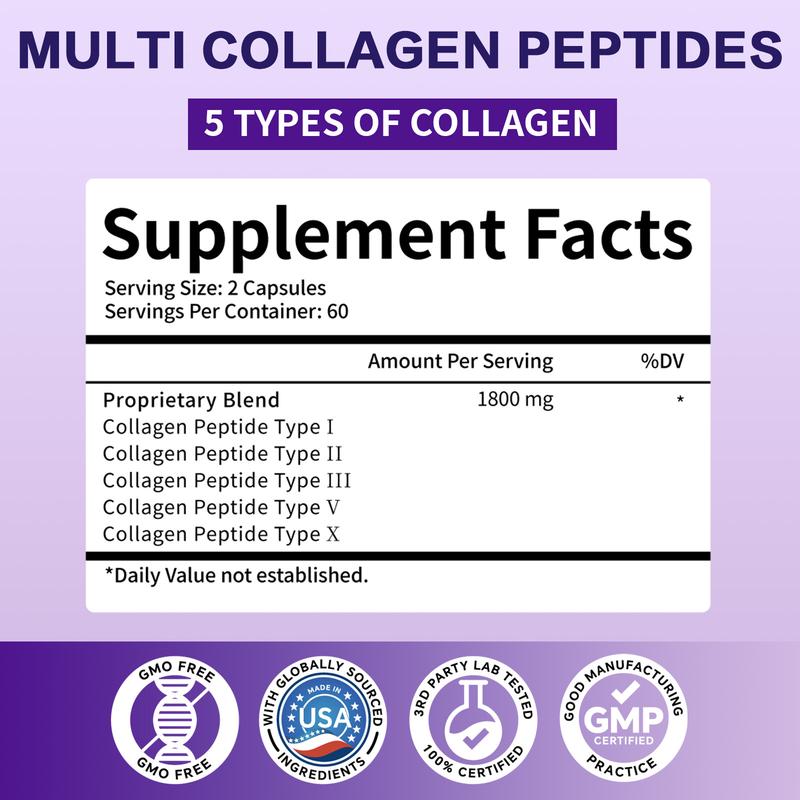 SWIYIE-Multi Collagen Peptides Capsules 1800mg, Hydrolyzed Collagen Supplements for Women & Men with Types I, II, III, V & X, Collagen Protein Supports Skin Nails Bones & Joints | 120 Count