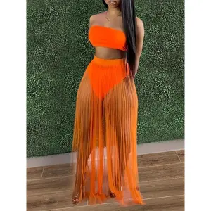 Women 3 piece swimsuit set-bandeau bikini and fishnet hollow out beach maxi dress cover ups party skirts, clubwear set-for women-Summer beachwear-perfect gift for vacation