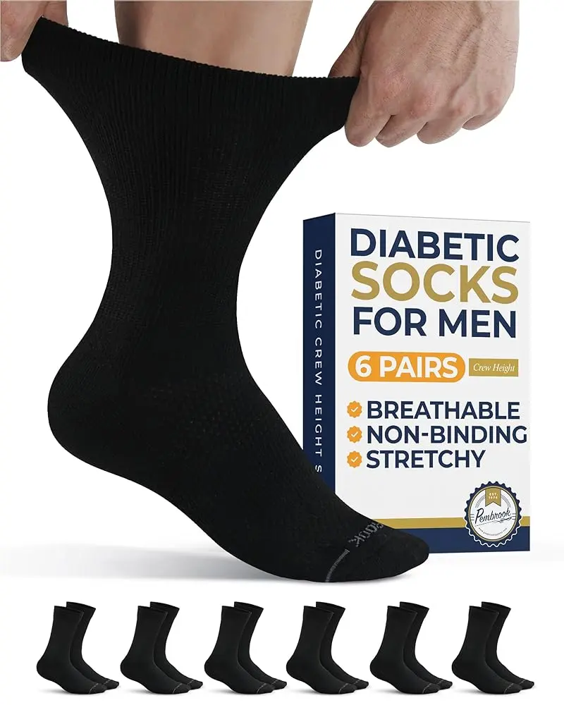 Pembrook Men's Diabetic Crew Socks (6 Pairs) - Menswear, Stylish, Breathable Classic Soft Fabric, Non-Binding Stretch Fit for Neuropathy, Edema, Size 10-13, Diabetic Socks, Foot Pain Relief, Black - 6 Pairs, Bamboo Viscose, Neuropathy Support, Above The A