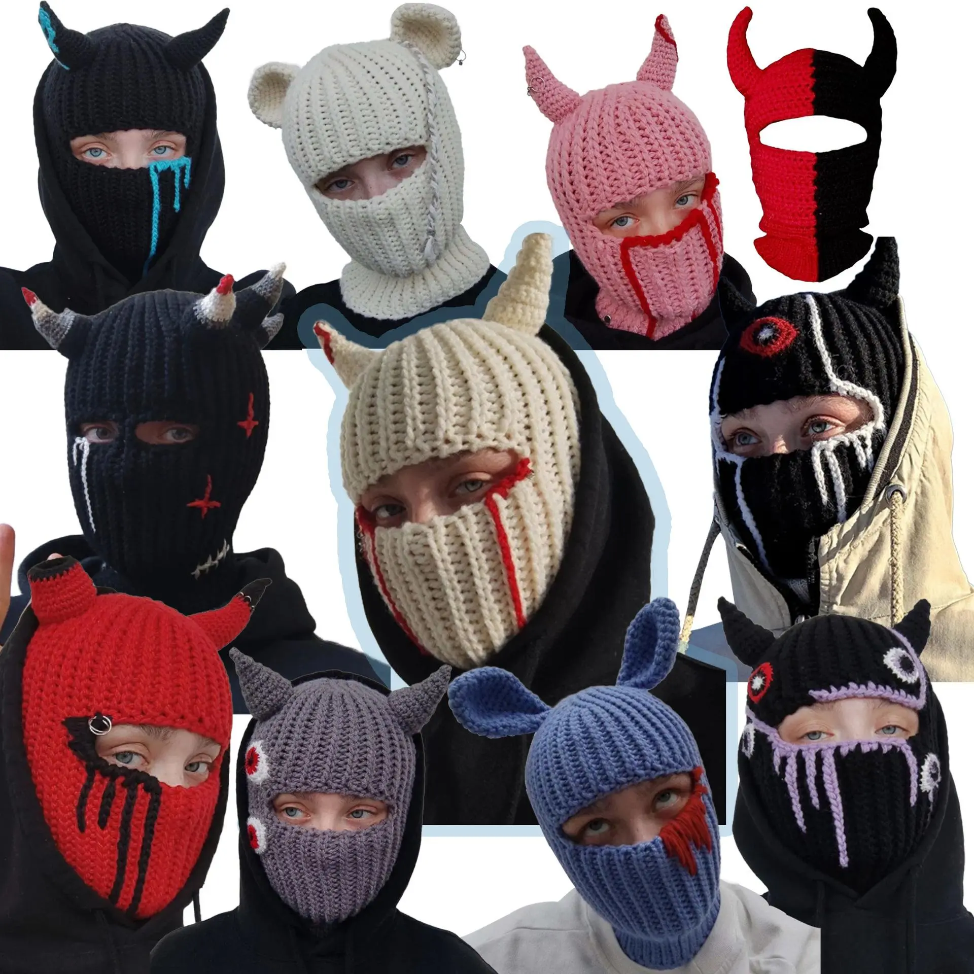 Unisex Knitted Devil Horn Balaclava - Warm Autumn Winter Face Covering, Comfortable Polyester Accessory, Funny Party Hat Scarf for Halloween, Minimalist, Clothes, Animals, Bunny Ears, Fitted, Skating