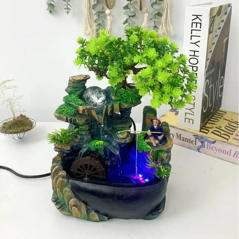 CNCEST Desktop Synthetic Stone Fountain Figurine - 20x15x30cm Mini Waterfall, LED Color-Changing Lights, Water Sound Sleep Aid, 1.85kg Durable Traditional Resin Decor, Easy Install Fengshui Wheel Mascot for Interior Living Room Decor Accessories, Led Ligh