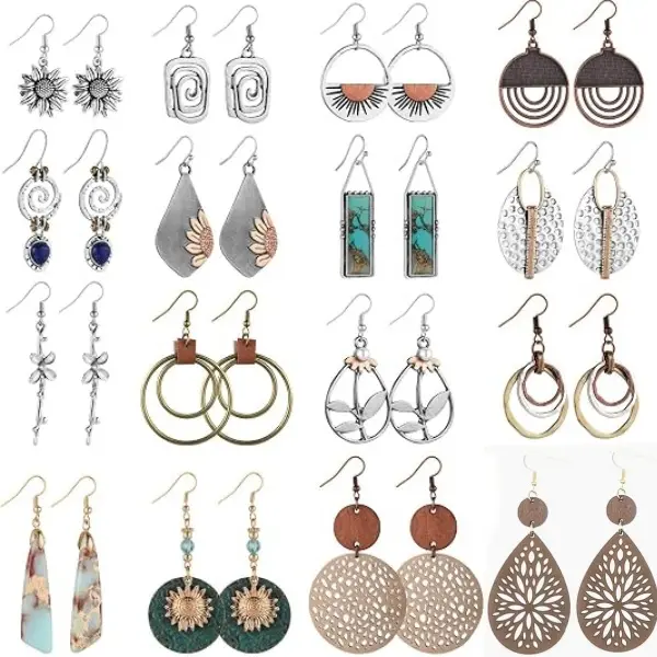 16 Pairs Earrings for Women Trendy, Boho Dangle Earrings for Women | Vintage Statement Sunflower Round Geometric Earrings Wooden Leather Earrings