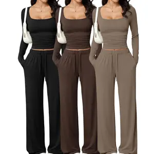 Casual Pants Set - Comfortable Brushed Milk Silk Blend Top & Full Length Pants with Side Pockets in Solid Colors XS-XXL - Sleeve