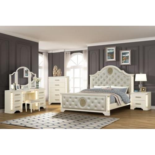 Bellemave JASMINE Queen 4-Pc LED Wood Vanity Set - Beige Indoor Furniture with Vanity, Dresser, Nightstand, Headboard, LED-Light for Bedroom Decor, Dorm Essentials