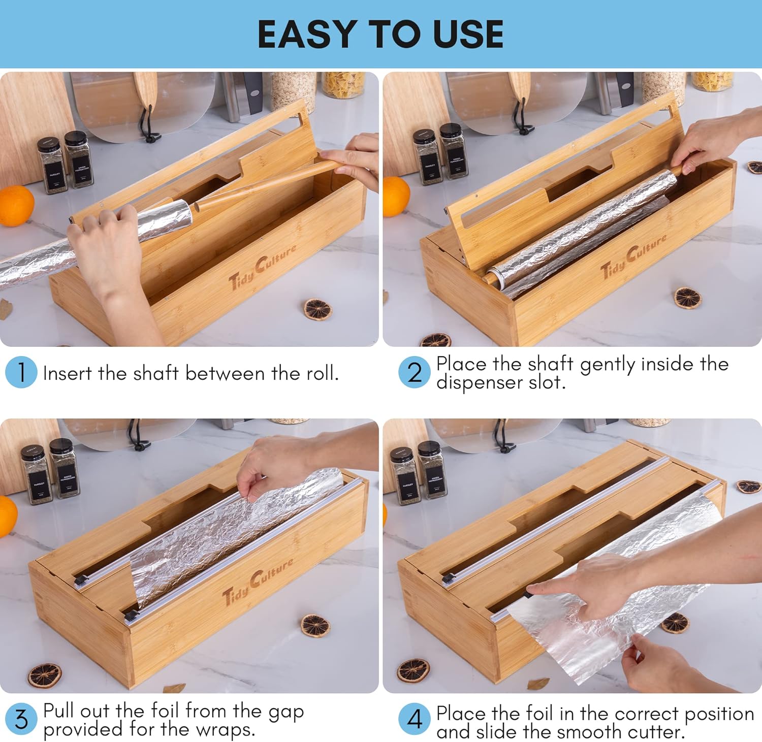 Foil and Plastic Wrap Organizer with Kitchen Aluminum Foil Holder, Cling Plastic Wrap Dispenser with Cutter and Labels, Bamboo Kitchen Wrap Organizer