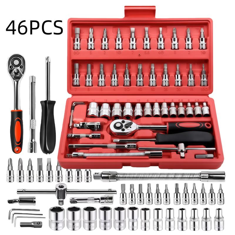 46 PCS Household Car Maintenance Tool Set - Ratchet Torque Wrench and Screwdriver Toolbox, Motorcycle Tire and Hub Maintenance Kit, Portable Bicycle Maintenance Socket Wrench